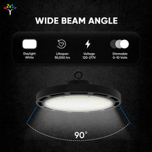 Load image into Gallery viewer, Gen13 UFO LED High Bay Light, 200W, 4000K, 28,600LM, AC120 - 277V, IP65 Waterproof, UL, DLC Listed, 0 - 10V Dimmable, Plug &amp; Play Lighting for Warehouse Workshop Factory Barn Garage Area Lighting Fixture - LEDMyPlace