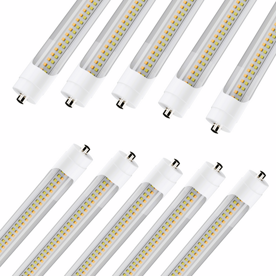 T8 8ft LED Tube/Bulb - 48w/40w/36w/32w Wattage Adjustable, 130lm/w, 3000k/4000k/5000k/6500k CCT Changeable, Clear, FA8 Single Pin, Double End Power - Ballast Bypass.