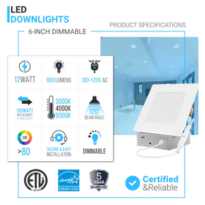 6" 12W LED Slim Panel Recessed Ceiling Light CCT Changeable 2700k/3000K/3500K/4000K/5000K, with Junction Box, Square