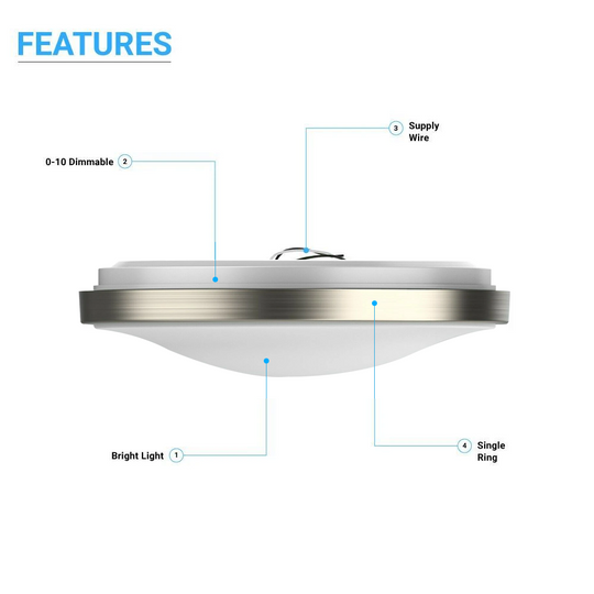 14" Round Brushed Nickel Dimmable Flush Mount; Single Ring; 1750 Lumens ; Power: 25W ; 3 Color Switchable (3000K/4000K/5000K)