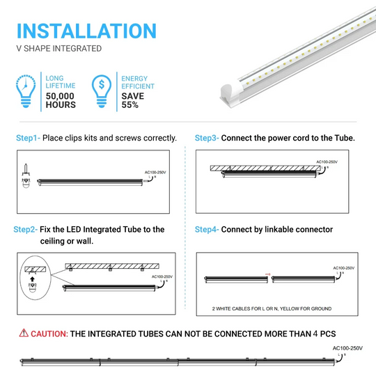 T8 8ft, 60 Watt V Shape LED Integrated Tube 6500K Clear, 210W Equivalent, 7200 Lumens, 100-277V, Plug and Play, Commercial LED Lighting