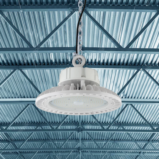 UFO LED High Bay Light: 150W, 5700K Daylight White, 21750LM, UL and DLC Listed, AC100-277V, 1-10V Dimmable, White Finish - Perfect for Warehouse, Barn, Airport, Workshop, Garage, and Factory Lighting
