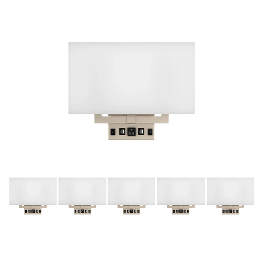 2 light wall sconce, White shade, Dimension: W14"xD4"xH10.5", Brushed Nickel with switch, 2 USB, 2 switches, and 1 outlet