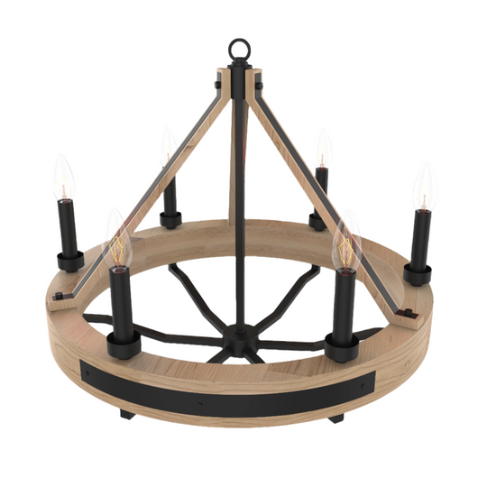 6-Light Farmhouse Chandelier Diam 26'', E12 Base, Matte black Finish Hardware with Nature Solid Ashwood