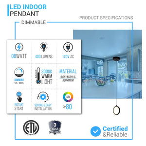 LED Circular Vertical One Ring Pendant Light, 8W, 3000K, 400LM, 120V, Dim: 5.5 x 55 Inch, ETL Listed, Dimmable, Circline Architectural, Hanging Light Fixture - LEDMyPlace