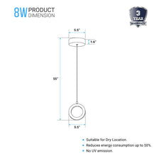 Load image into Gallery viewer, LED Circular Vertical One Ring Pendant Light, 8W, 3000K, 400LM, 120V, Dim: 5.5 x 55 Inch, ETL Listed, Dimmable, Circline Architectural, Hanging Light Fixture - LEDMyPlace