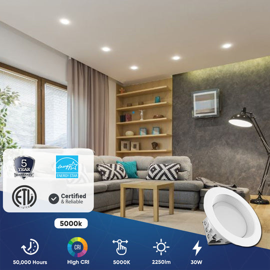 Round 8-Inch LED Recessed Ceiling Mount Light with Built-In Junction Box and Baffle Trim: 30W, 2250LM, Dimmable