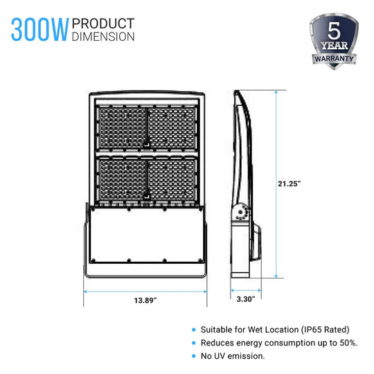 LED Flood Light, 300W/240W/200W Wattage Adjustable, 5700K, 136 LM/W, AC120 - 277V, Black, Dimmable, IP65, Floodlight for Outdoor Security, Backyard |Court|Stadium|Basket Ball Court|Alleys Lighting, Gen14B - LEDMyPlace
