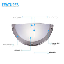 Load image into Gallery viewer, LED Half - Moon Wall Sconce Light 12W, 750 Lumens, Brushed Nickel Finish, White Acrylic Shade, ETL Listed, Hallway Light Fixtures - LEDMyPlace