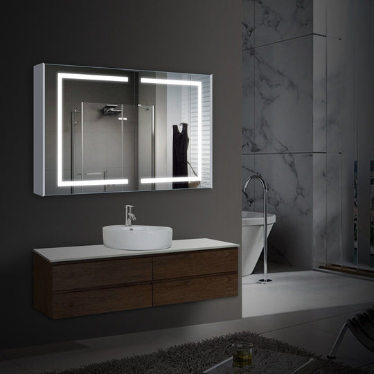 LED Lighted Bathroom Medicine Cabinet with Outlet, Double Sided Mirror, On/Off Switch, ETL, RoHS Listed, 90+ CRI, Surface Mount, Medicine Cabinet with LED Mirror, Benign Style - LEDMyPlace