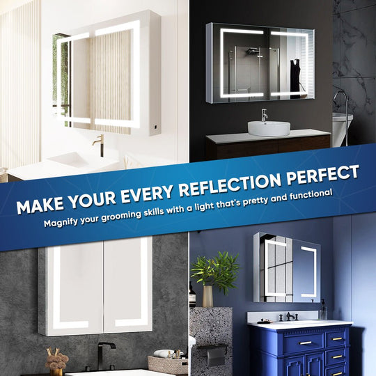 LED Lighted Bathroom Medicine Cabinet with Outlet, Double Sided Mirror, On/Off Switch, ETL, RoHS Listed, 90+ CRI, Surface Mount, Medicine Cabinet with LED Mirror, Benign Style - LEDMyPlace