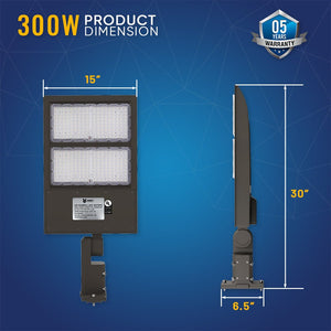 LED Parking Lot Light With Dusk to Dawn Photocell, 300W, 5700K, 42800LM, High Voltage 277 - 480V, IP65, Universal Mount (Adjustable Slip Fitter + Wall Mount), UL, DLC Listed, Bronze, Commercial Area Road Lighting - LEDMyPlace