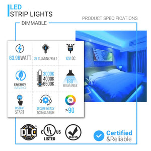 LED Strip Lights, IP20, 16.4ft, Dimmable, 12V, SMD 2835, 120 leds/Meter, UL, RoHS Listed, LED Lights for Bedroom, Kitchen, Home Decoration - LEDMyPlace