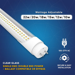 Hybrid T8 4ft LED Tube/Bulb - 22w/18w/15w/12w Wattage Adjustable, 130lm/w, 3000k/4000k/5000k/6500k CCT Changeable, Clear, Base G13, Single End/Double End Power - Ballast Compatible or Bypass