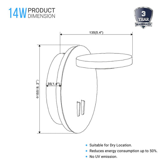 LED Wall Sconce Light, 14W, 3000K (Warm white), 558LM, Industrial Design, Dimmable, Diameter 6.2 inch - LEDMyPlace