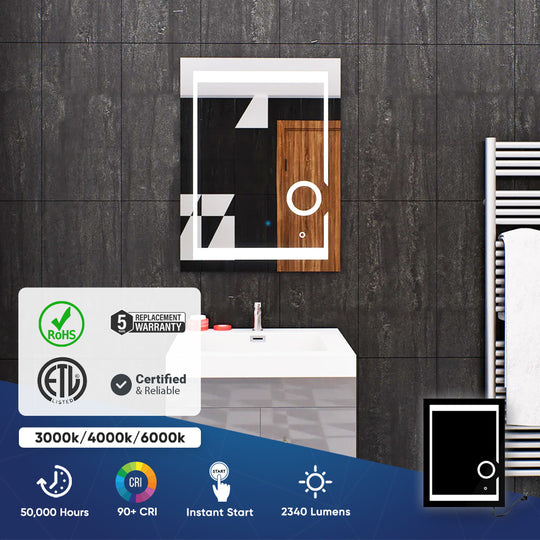 24x32 Inch LED Bathroom Mirror with Magnifying Mirror, CCT Remembrance, Defogger, Auspice Style