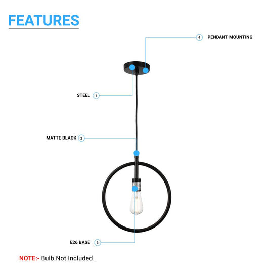 Matte Black Ring Shape Pendant Light Fixture, E26 Base, UL Listed for Dry Location, Fixture Size: D12 x H13.5 Inch - LEDMyPlace