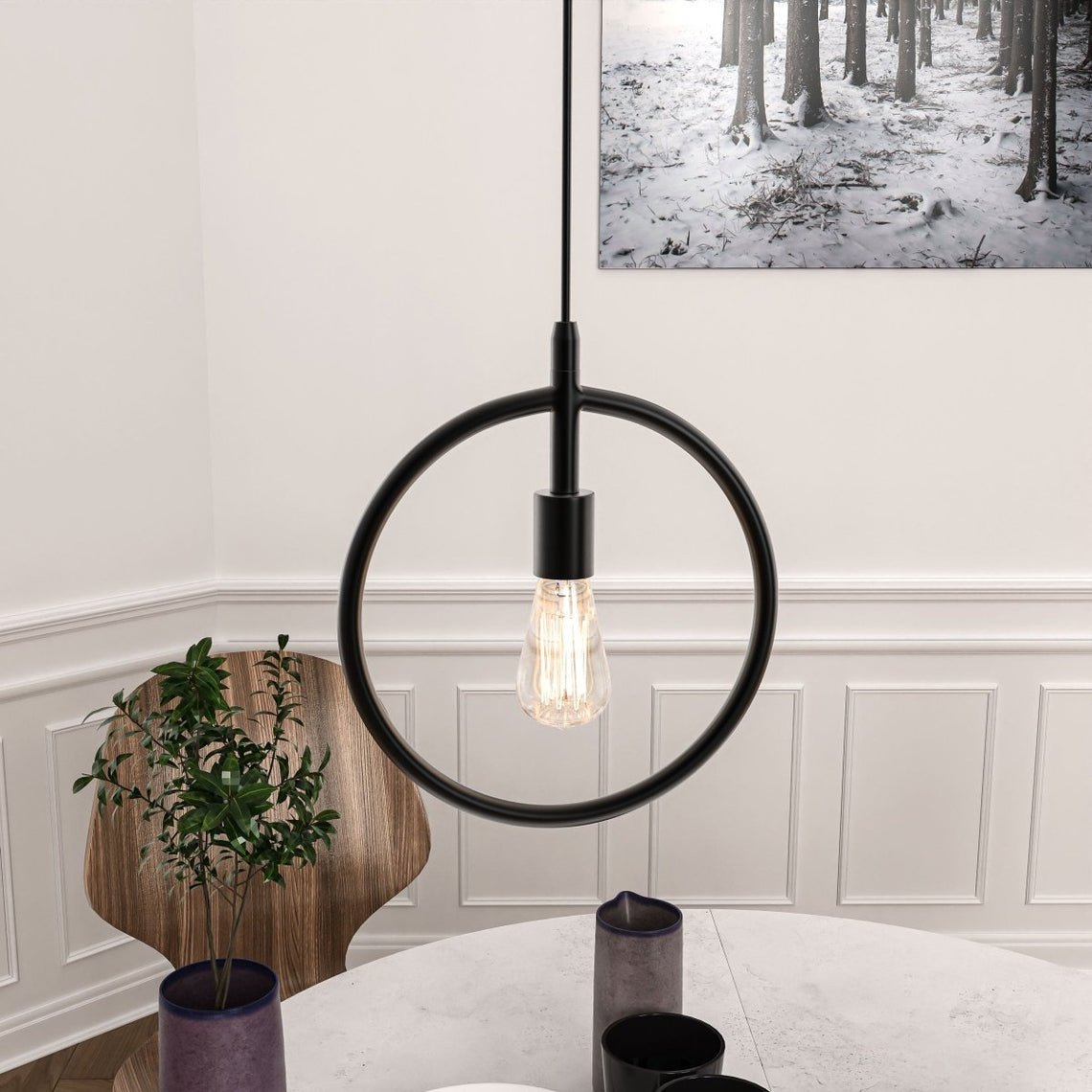 Matte Black Ring Shape Pendant Light Fixture, E26 Base, UL Listed for Dry Location, Fixture Size: D12 x H13.5 Inch - LEDMyPlace