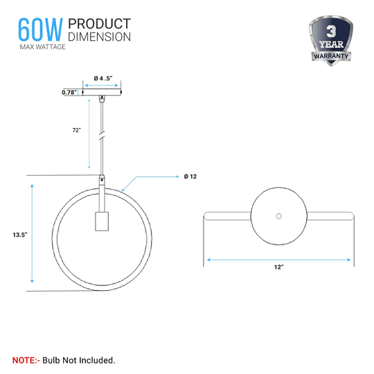 Matte Black Ring Shape Pendant Light Fixture, E26 Base, UL Listed for Dry Location, Fixture Size: D12 x H13.5 Inch - LEDMyPlace