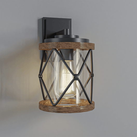Outdoor Porch Light, Anti - Rust Waterproof Industrial Outdoor Lantern, UL ETL Listed, Matt Black+Wood Finish Wall Light - LEDMyPlace