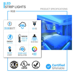 Outdoor Waterproof RGB LED Strip Lights, IP65 16.4ft, 12V, SMD 5050, 30 leds/Meter, UL, RoHS Listed, LED Lights for Bedroom, Kitchen, Home Decoration - LEDMyPlace