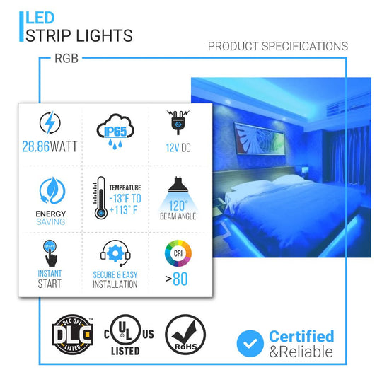 Outdoor Waterproof RGB LED Strip Lights, IP65 16.4ft, 12V, SMD 5050, 30 leds/Meter, UL, RoHS Listed, LED Lights for Bedroom, Kitchen, Home Decoration - LEDMyPlace