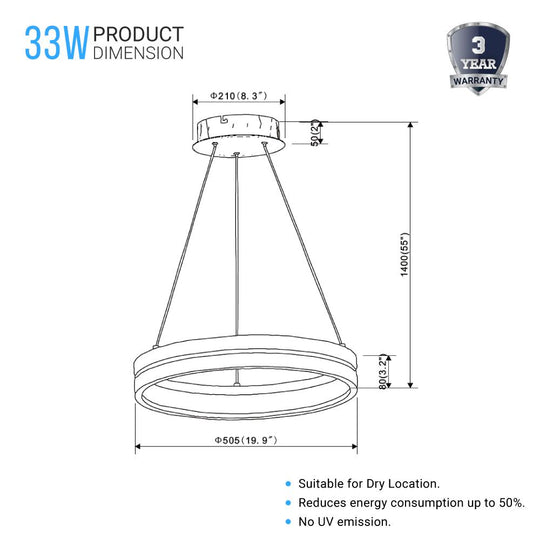 Round Chandelier, Matte Black + Wood Finish, 33W, 3000K (Warm White), 961 Lumens, Dimmable Pendant - LEDMyPlace