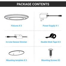 Load image into Gallery viewer, Slim LED Puck Light, 3 - Piece Kit With 12V Adaptor &amp; Wave Sensor Dimming , 3x3.5Watts, 3x200Lumens, ETL Listed, CCT Changeable (3000K/4000K/5000K), Hand Wave Sensor, White - LEDMyPlace