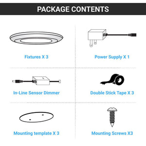 Slim LED Puck Light, 3 - Piece Kit With 12V Adaptor & Wave Sensor Dimming , 3x3.5Watts, 3x200Lumens, ETL Listed, CCT Changeable (3000K/4000K/5000K), Hand Wave Sensor, White - LEDMyPlace
