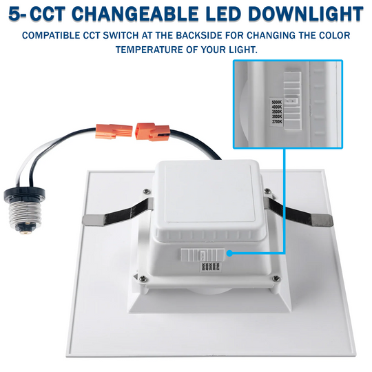 4" Square LED Downlight, 10W, 5CCT Changeable: 2700K/3000K/3500K/4000K/5000K, 120V AC, Baffle Aluminum Trim, Damp Rated