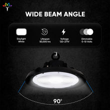 Load image into Gallery viewer, UFO LED High Bay Light 240W/220W/200W Wattage Adjustable, 4000K, 131 LM/W, DLC Premium 1-10V Dimmable, AC120-277V, Commercial LED Light for Barn Workshop Warehouse Gym Airport Lights