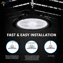 Load image into Gallery viewer, UFO LED High Bay Light: 150W, 4000K Cool White, 21750LM, UL and DLC Listed, IP65 Rated, 1-10V Dimmable - Ideal for LED Warehouse Lighting, Retail, Workshop, Garage, Factory, and Barn Lighting