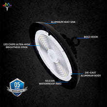 Load image into Gallery viewer, UFO LED High Bay Light 240W/220W/200W Wattage Adjustable, 4000K, 131 LM/W, DLC Premium 1-10V Dimmable, AC120-277V, Commercial LED Light for Barn Workshop Warehouse Gym Airport Lights