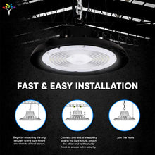 Load image into Gallery viewer, UFO LED High Bay Light 150/120/100 Watt Adjustable, 4000K Cool White, 150LM/W - 155LM/W, 120 - 277VAC, IP65, UL, DLC Listed, 1 - 10V Dim, For LED Warehouse Lighting Retail Workshop Garage Factory Barn Lighting - LEDMyPlace