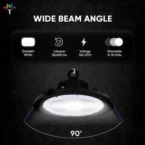 UFO LED High Bay Light 150/120/100 Watt Adjustable, 4000K Cool White, 150LM/W - 155LM/W, 120 - 277VAC, IP65, UL, DLC Listed, 1 - 10V Dim, For LED Warehouse Lighting Retail Workshop Garage Factory Barn Lighting - LEDMyPlace