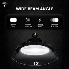 Load image into Gallery viewer, UFO LED High Bay Light 150/120/100 Watt Adjustable, 5700K, 150LM/W - 155LM/W, 120 - 277VAC, IP65, UL, DLC Listed, 1 - 10V Dim, For Warehouse Factory Workshops Gymnasium &amp; Supermarket Lighting - LEDMyPlace