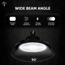 Load image into Gallery viewer, UFO LED High Bay Light, 240W/220W/200W Wattage Adjustable, 5700K 150 LM/W, Waterproof IP65, 1 - 10V Dimmable, AC277 - 480V High Voltage, UL, DLC Listed, For Factory, Workshop, Barn, Garage, Commercial Shop, Warehouse, Airport - LEDMyPlace