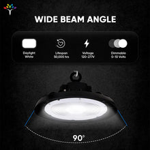 Load image into Gallery viewer, UFO LED High Bay Light: 150W, 4000K Cool White, 21750LM, UL and DLC Listed, IP65 Rated, 1-10V Dimmable - Ideal for LED Warehouse Lighting, Retail, Workshop, Garage, Factory, and Barn Lighting