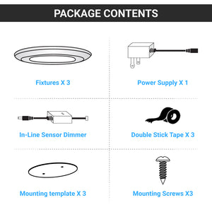 LED Under Cabinet Slim Puck Light, 3x3.5Watts, 600 Lumens, 3-Piece Kit, Wave Sensor Dimming With 12V Adaptor, White Trim, CCT Changeable (3000K/4000K/5000K)