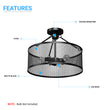 Load image into Gallery viewer, Semi Flushmount Drum Ceiling Light, E26 Base, Steel Cage Matte Black Finish, 3 Years Warranty, UL Listed