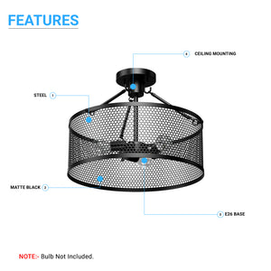 Semi Flushmount Drum Ceiling Light, E26 Base, Steel Cage Matte Black Finish, 3 Years Warranty, UL Listed