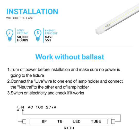 T8 8ft LED Tube/Bulb - 48W 6720 Lumens 6500K Clear, R17D Base, Double End Power - Ballast Bypass Fluorescent Replacement