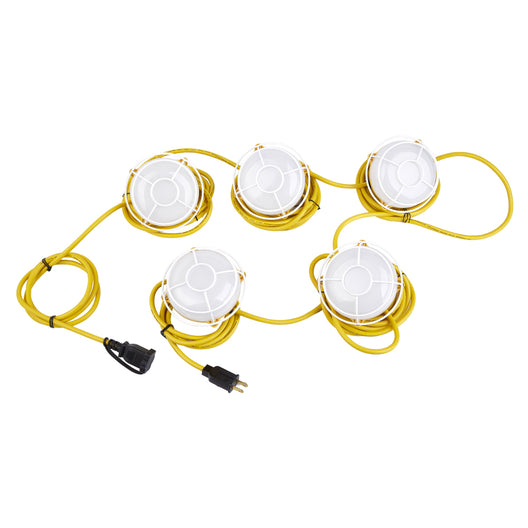 Construction Light Strings With Cage, 65W, 5000K, 8000 Lumens, IP65, Temporary LED Work Light, 50ft - 5 Lights Per Bunch