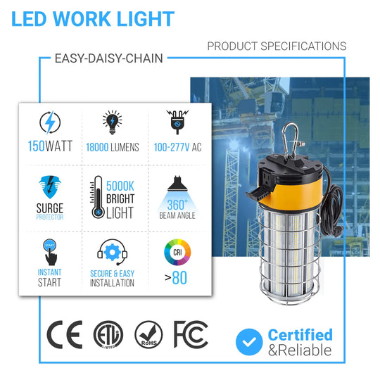 150W Work Light Fixture with cage , 5000K , 18000 Lumens , IP64 rated
