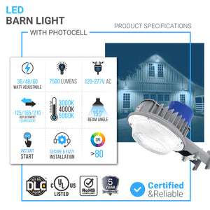 LED Barn Light w/ 3-pin NEMA Photocell, 36/48/60 Wattage Adjustable & 3000K/4000K/5000K CCT Changeable, 120-277V, Dusk-To-Dawn, Silver