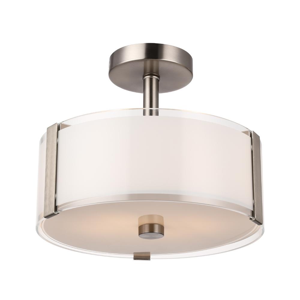 Flush Mount Drum Shape Light, E26 Base, Frosted Glass Shade and Brushed Nickel Finish, UL Listed - Damp Location