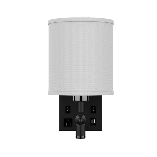 Wall Sconce Lighting fixtures, White Fabric Shade with Black Metal Finish, With LED 1W 1usb+2switchs+1outlet, Dimension: W7"*xH13.5"xE9"