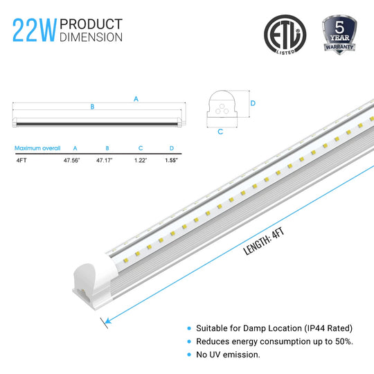 22 Watt V Shape LED Tube, T8 4ft Integrated Dual Row, 80W Equivalent, 6500K Clear, LED Shop Light - Commercial LED Lighting
