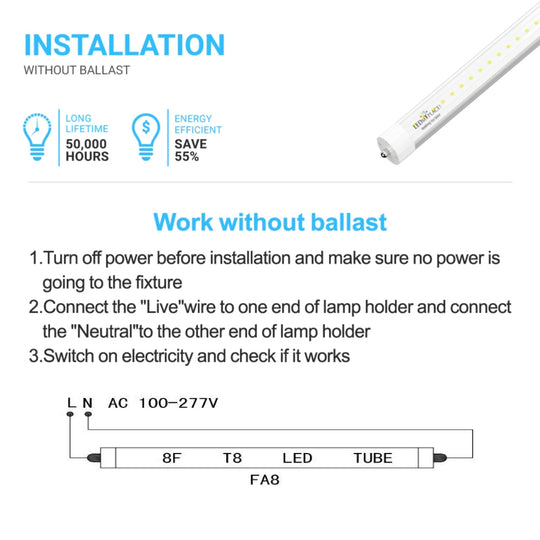 T8 8ft LED Tube/Bulb - 48W 6720 Lumens 5000K Clear, Single Pin, Double End Power - Ballast Bypass Fluorescent Replacement