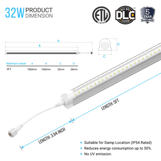 5ft T8 LED Freezer & Cooler Tube, 32W, 5000K, Clear, V Shape, Walk-in Display Tube Lights